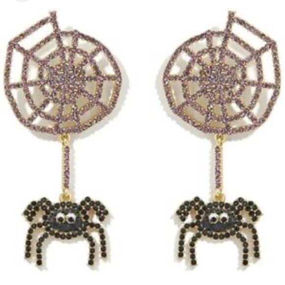 Kawaii Large Spiderweb Spider Drop Dangle Earrings with Pink & Black Rhinestones - Picture 1 of 4